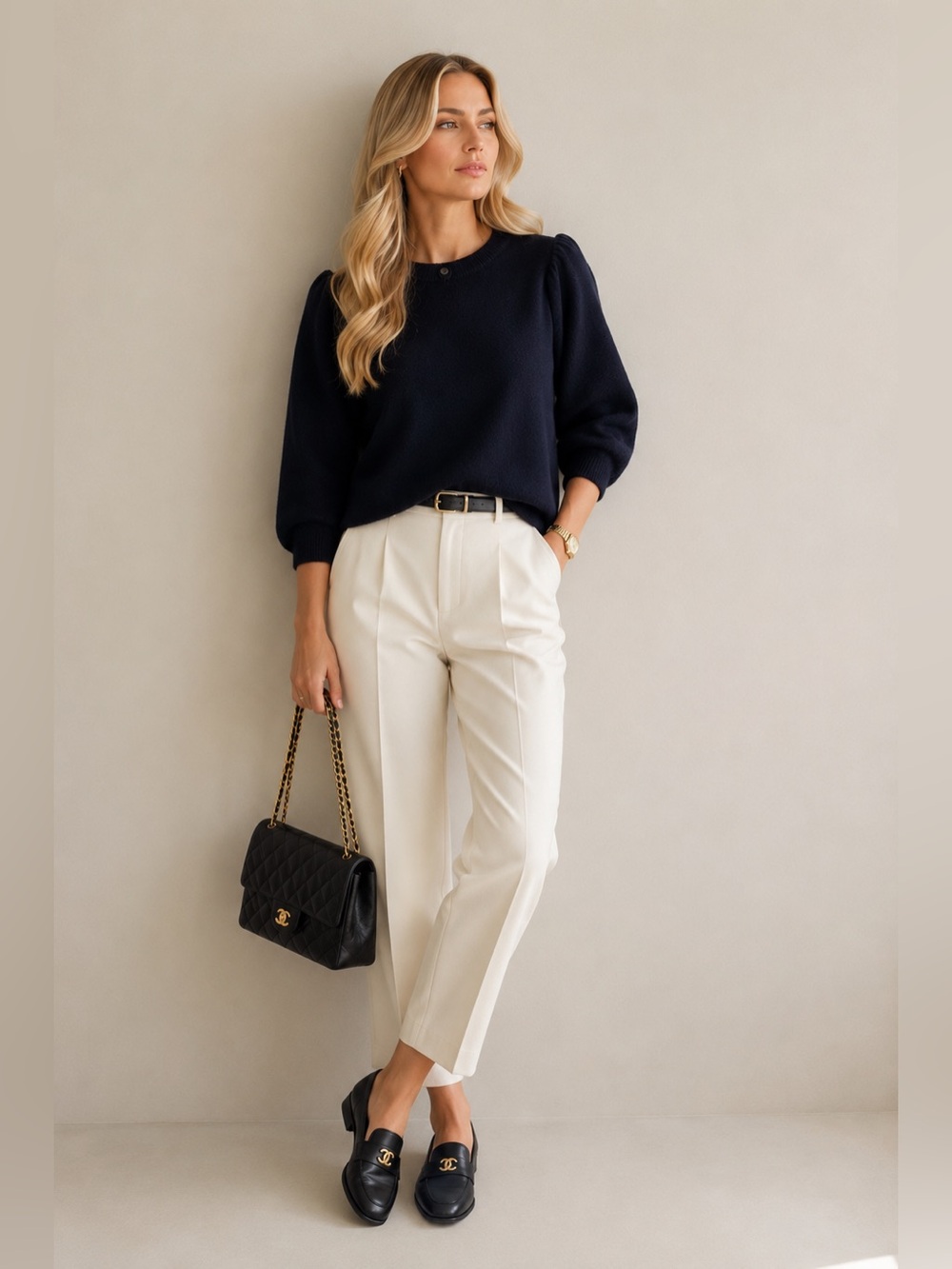 AQUA Cashmere Navy Puff Sleeve Sweater Soft‎ Luxury Crew Neck Pullover L $198